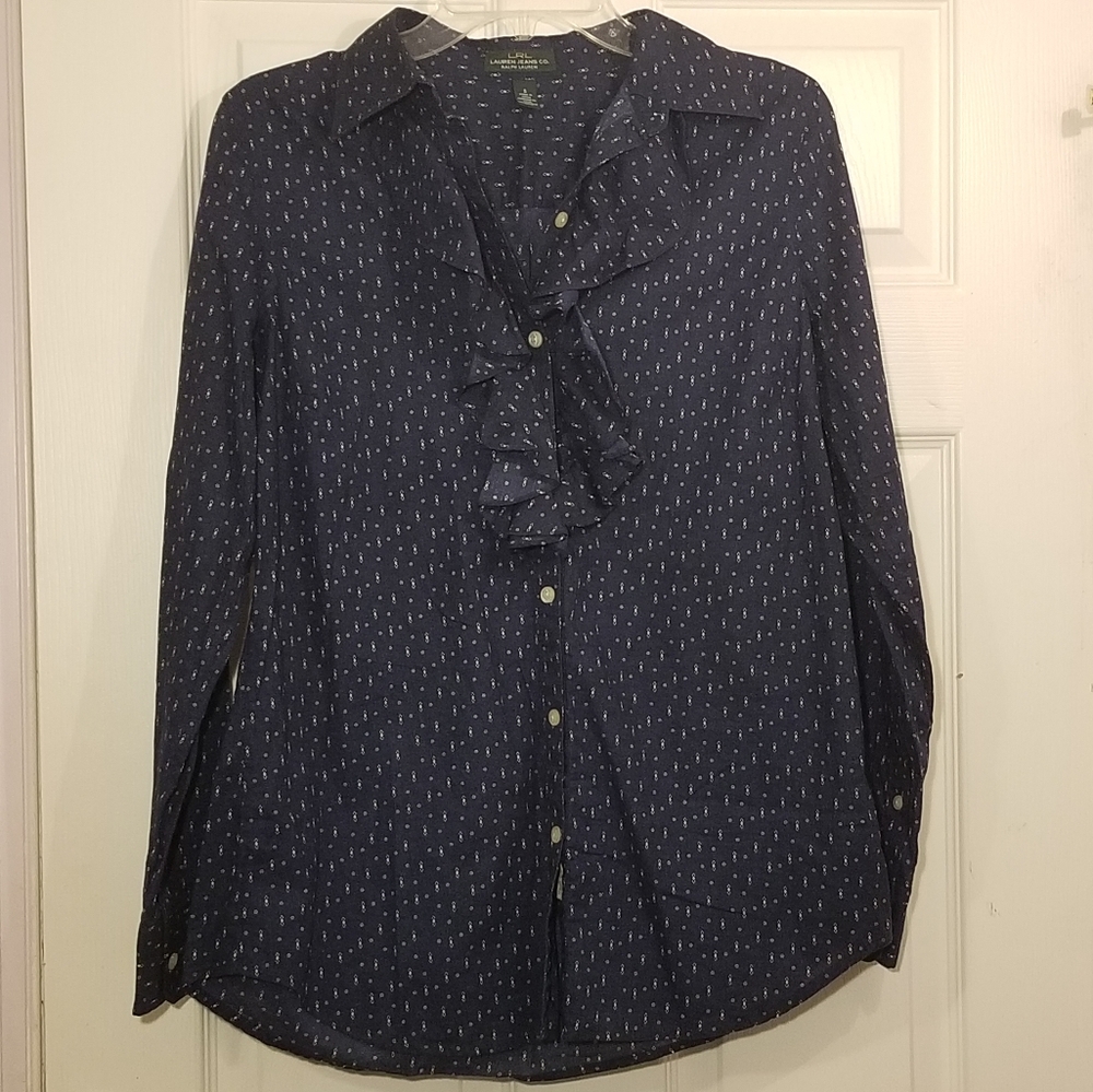 LRL Lauren jeans co blue patterned button down ruffle blouse